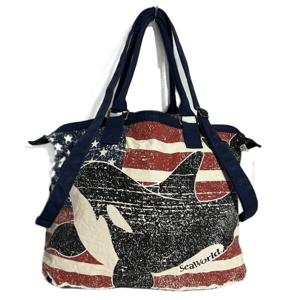 Sea World Whale / Flag Design in Red White Blue Cotton Tote Bag Crossbody Strap